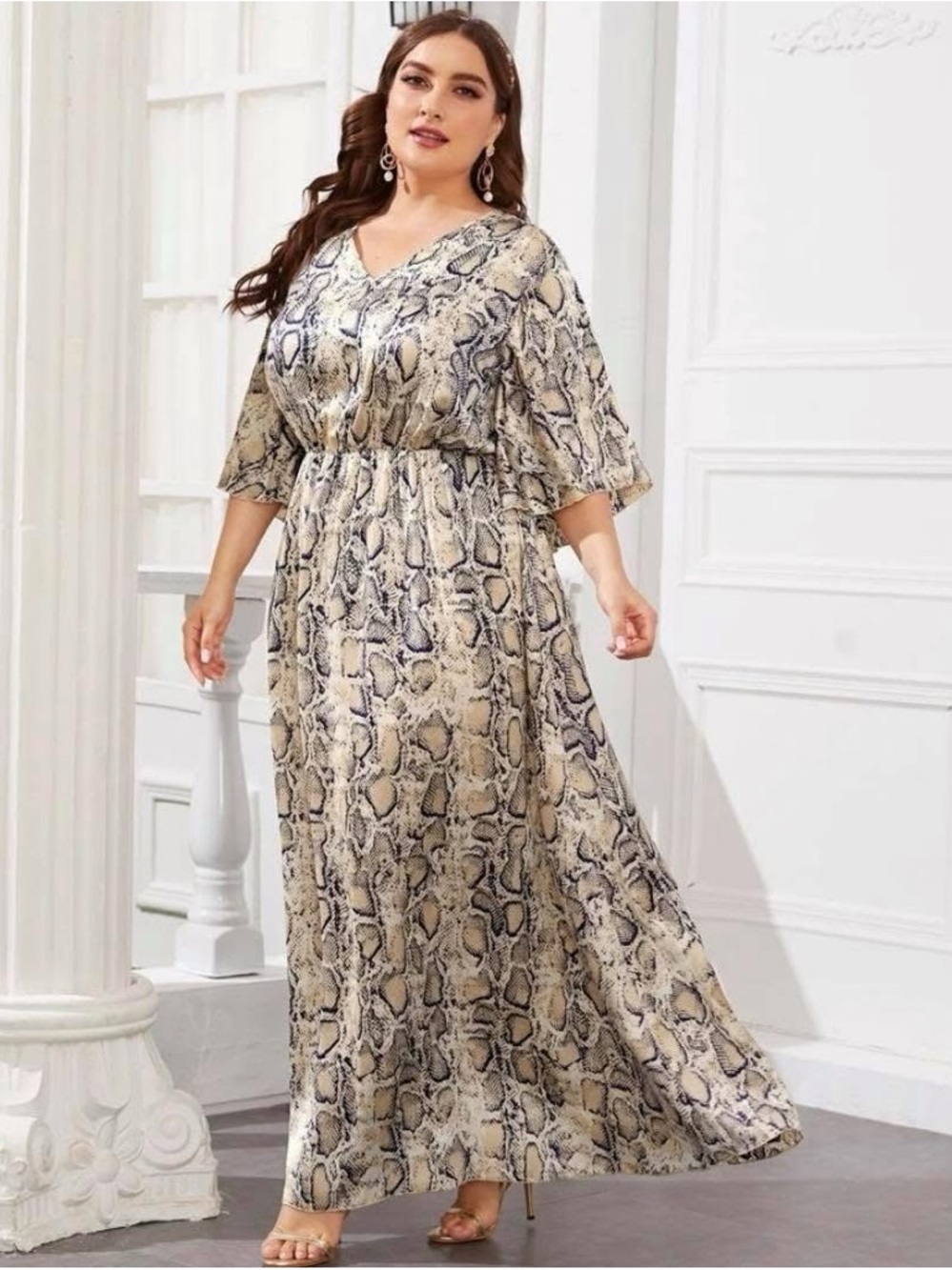 Plus Size Beige Snake Print Maxi Dress - V-Neck, Elastic Waist